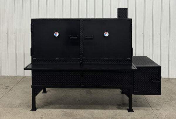 Black Box Smoker SNS 72 Smoker Cabinet with reverse flow design, three slide-out cooking racks, insulated firebox, and diamond tread steel construction.