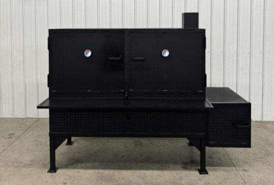 Box Smoker SNS 72 reverse flow smoker cabinet with diamond tread steel, three slide-out cooking racks, insulated firebox, and large cooking capacity