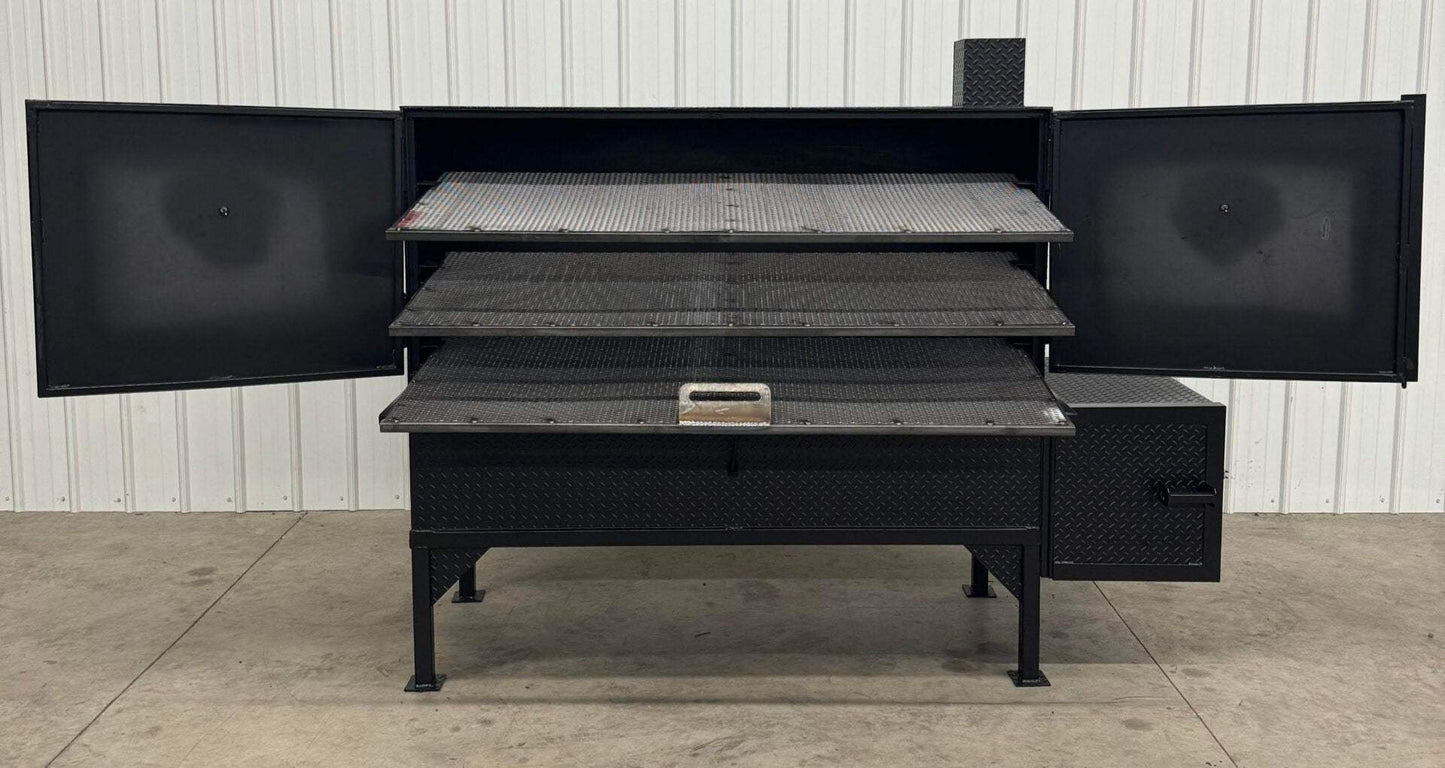 Box Smoker SNS 72 reverse flow smoker cabinet with three slide out cooking racks and insulated firebox made of 1/4 inch diamond tread steel.