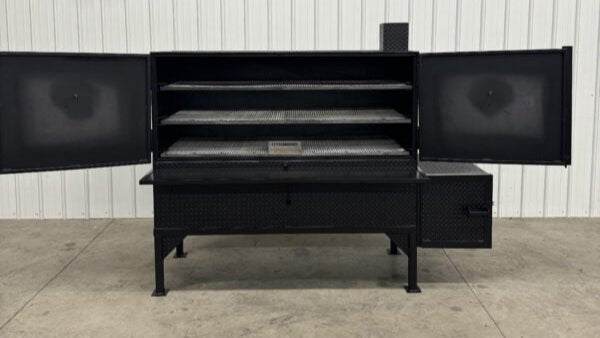 Box Smoker SNS 72 Smoker Cabinet with three slide-out racks and insulated firebox, large capacity reverse flow smoker made of diamond tread steel.