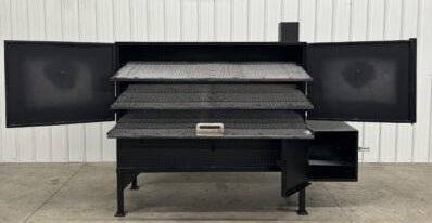 Box Smoker SNS 72 Smoker Cabinet with three slide out cooking racks and insulated firebox, large capacity for smoking meats.