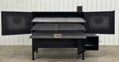 Box Smoker SNS 72 Smoker Cabinet with three slide-out cooking racks and insulated firebox in black diamond tread steel design