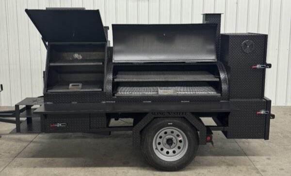 Offset smoker SNS Barrel 60 catering trailer with sink package and charcoal grill on single axle trailer