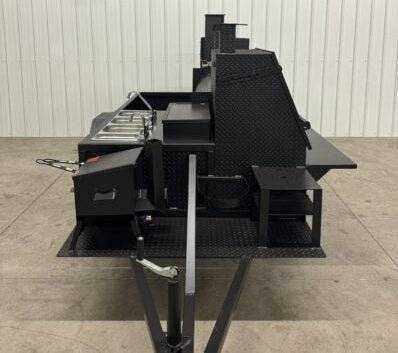 Offset Smoker SNS Barrel 60 catering trailer with sink package and multiple cooking racks in black steel design