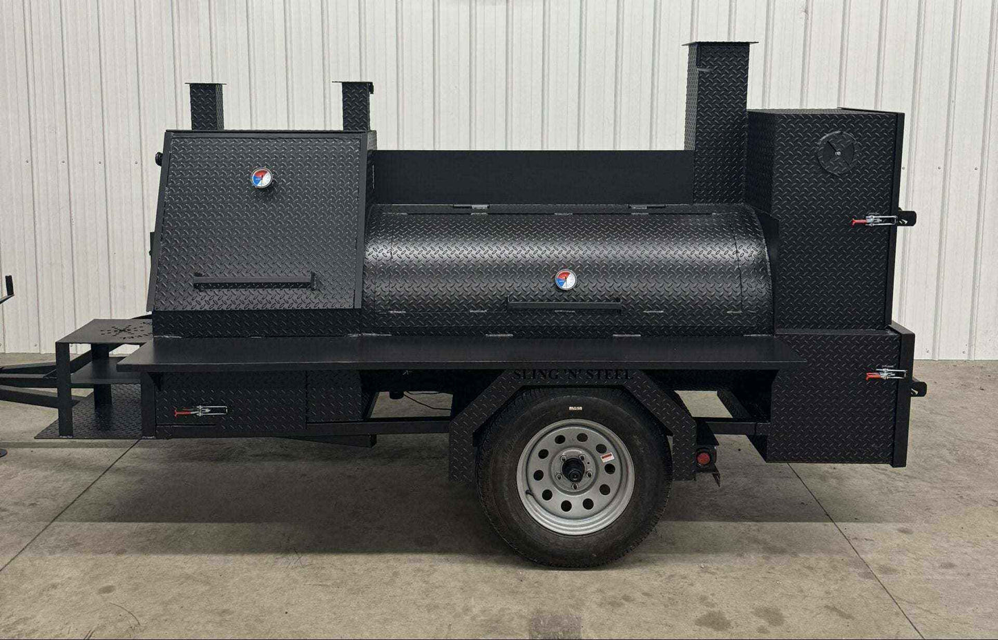 Offset Smoker SNS Barrel 60 catering trailer with sink package and custom features for versatile outdoor cooking
