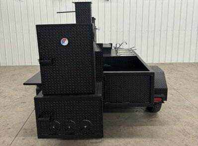 Offset Smoker SNS Barrel 60 catering trailer with sink package and custom smoker tank in black diamond tread steel