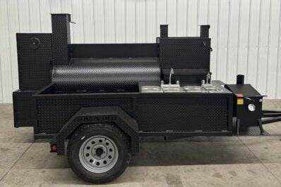 Offset Smoker SNS Barrel 60 Catering Trailer with sink and fryer package in black steel design