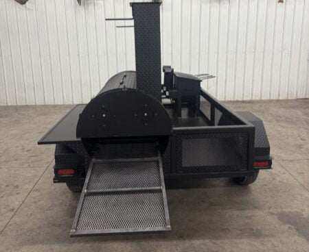 SNS Barrel 60 Charcoal Grill catering trailer with smoker tank, slide-out racks, charcoal tray, dual basket fryers, and 3-bay sink station.