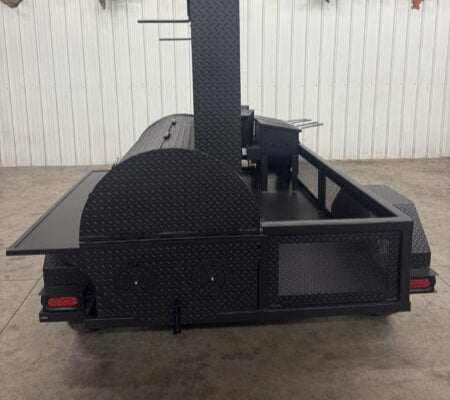 SNS Barrel 60 Charcoal Grill catering trailer with diamond tread steel smoker tank and pull-out charcoal tray.