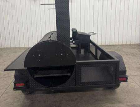 SNS Barrel 60 Charcoal Grill catering trailer with large smoker tank, slide-out cooking racks, dual basket fryers, and built-in sink station