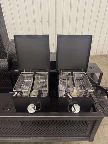 SNS Barrel 60 Charcoal Grill catering trailer with dual four-gallon basket fryers and pull-out charcoal tray