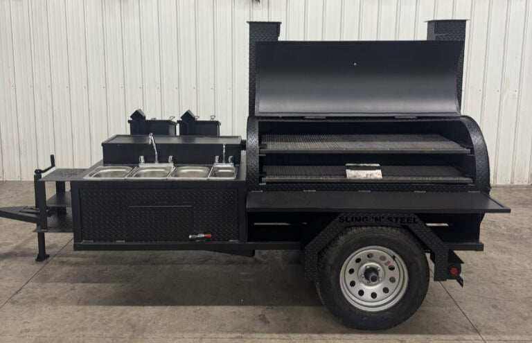 SNS Barrel 60 Charcoal Grill catering trailer with large smoker, dual baskets fryers, and 3-bay sink station.