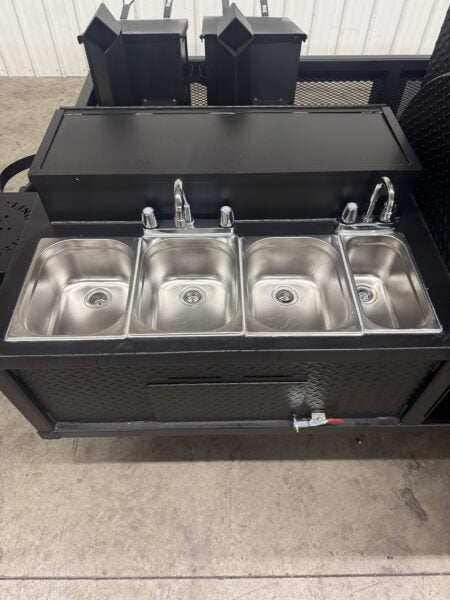 SNS Barrel 60 Charcoal Grill catering trailer with 3-bay stainless steel sink and hand wash station