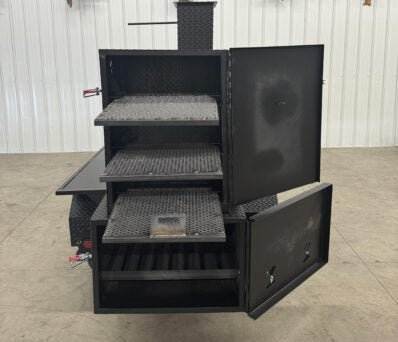 SNS Barrel 60 Reverse flow smoker with two slide-out cooking racks and insulated firebox charcoal grill
