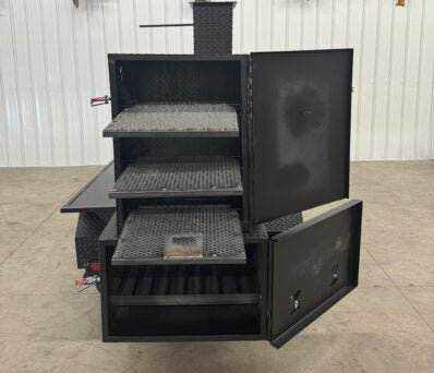60-inch reverse flow smoker barrel with charcoal grill, insulated double-walled firebox, and multiple cooking racks for versatile smoking and grilling