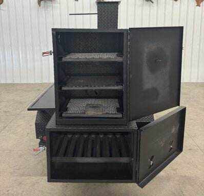 60-inch reverse flow smoker barrel with charcoal grill and insulated firebox for commercial smokers and grills