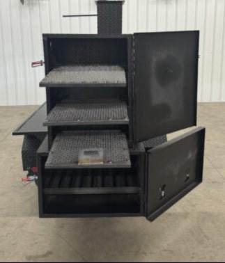 SNS Barrel 60 reverse flow smoker with charcoal grill, double-walled insulated firebox, multiple cooking racks, and attached fryer stand.
