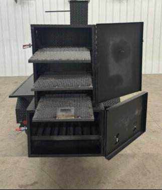 60-inch SNS Barrel reverse flow smoker and charcoal grill with insulated firebox and triple cooking racks for commercial smokers and grills use