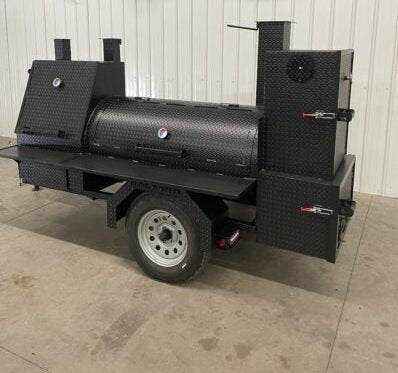 SNS Barrel 60 black BBQ smoker trailer with grill and full-length storage for catering and hog cooking