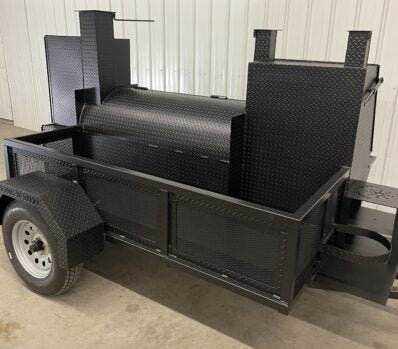SNS Barrel 60 versatile hog cooker BBQ trailer with charcoal grill and full-length storage basket