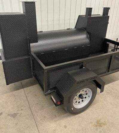 SNS Barrel 60 mobile BBQ smoker trailer with grill and full-length storage for catering and hog cooking