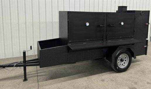 Box Smoker SNS Beast large black steel cabinet smoker trailer with multiple cooking racks and insulated firebox