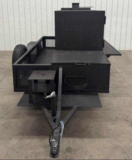 SNS Beast Cabinet wood smoker with full-length storage and trailer mount in black diamond tread steel