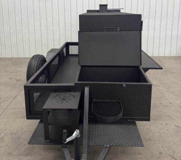 SNS Beast Cabinet Smoker with full length storage, diamond tread steel, insulated firebox, warming box, fish fryer, large capacity for smoking meats