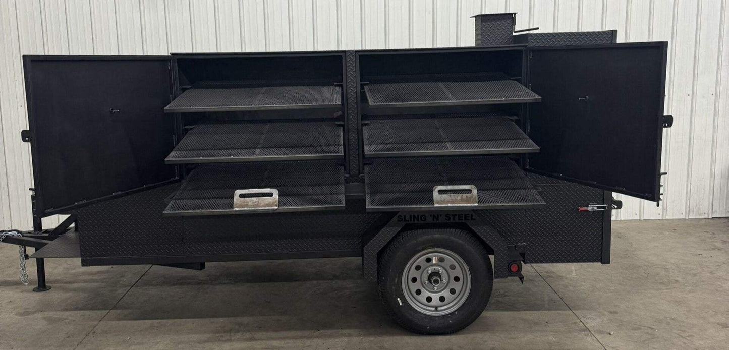 Large black SNS Beast Cabinet wood smoker with full length storage, open doors revealing multiple slide-out cooking racks and diamond tread steel finish on trailer-mounted base.