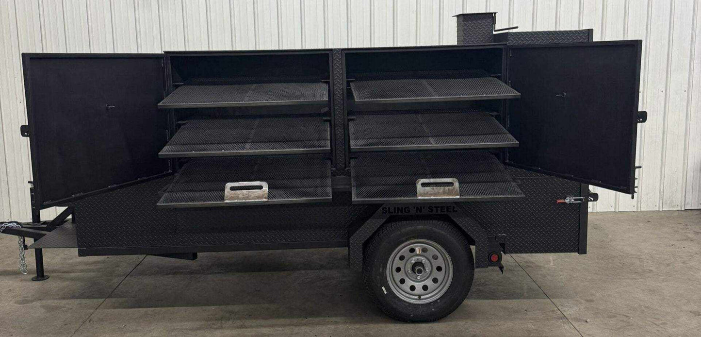 SNS Beast Cabinet Smoker trailer with six slide-out cooking racks and full-length storage compartments open on both sides