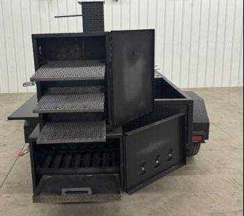 SNS Cabinet 60 Catering Trailer BBQ pit with charcoal grill, smoker cabinet, and triple sink package in diamond tread steel design