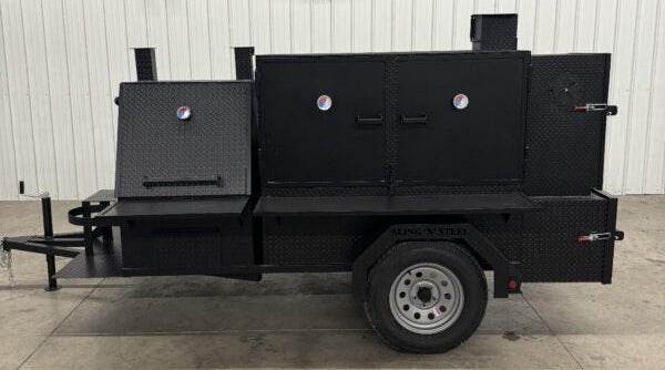 Black SNS Cabinet 60 Catering Trailer BBQ pit with sink package and standard grill on single axle trailer