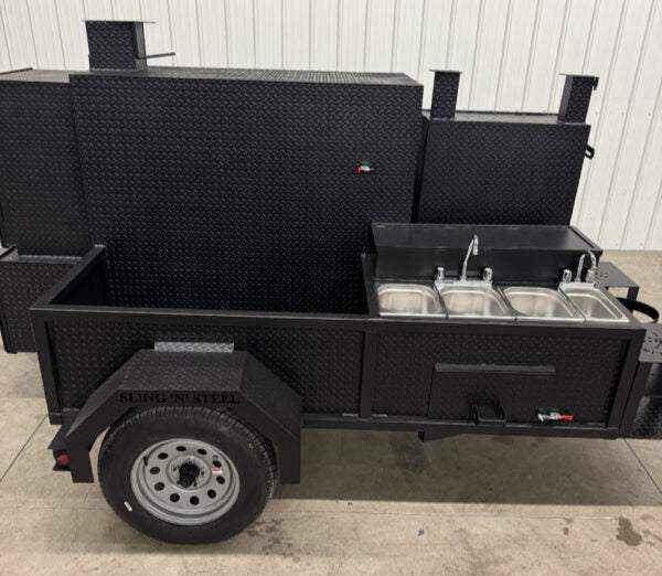 SNS Cabinet 60 Catering Trailer BBQ pit with 3-bay sink package and charcoal grill on diamond tread steel trailer