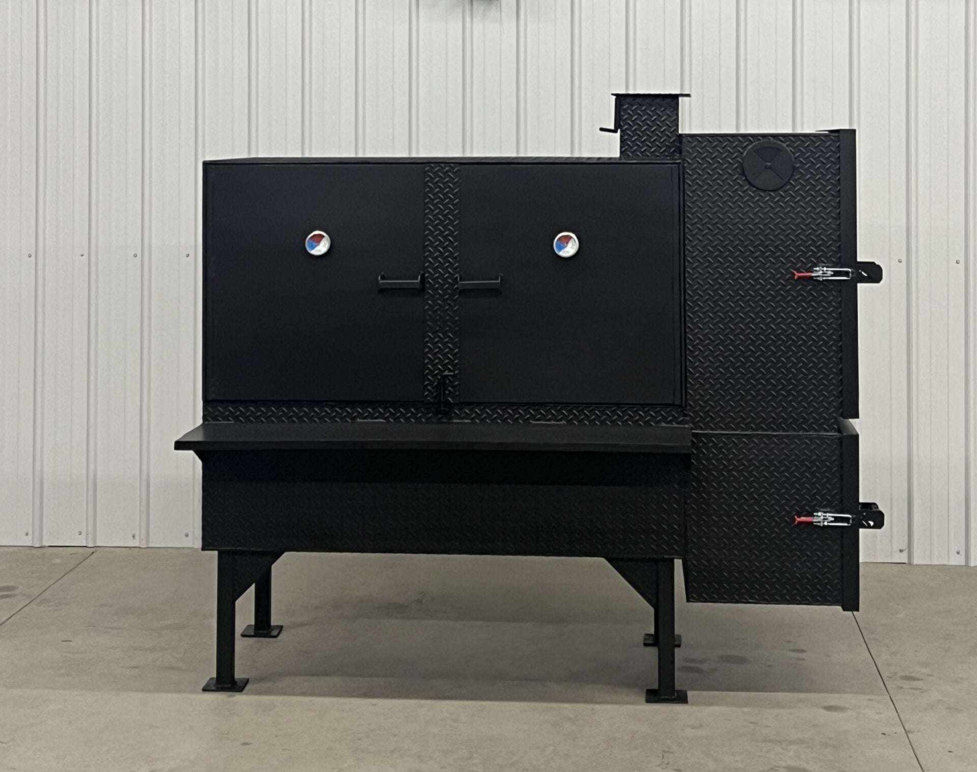SNS Cabinet 60-inch black charcoal concession smoke cabinet grill with dual doors and side firebox