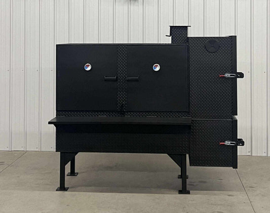 SNS Cabinet 60-inch black charcoal concession smoke cabinet grill with dual doors and side firebox