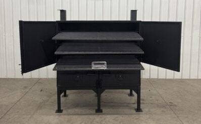 SNS Cabinet 60-inch charcoal concession grill with multiple cooking racks and open doors