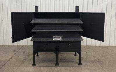 SNS Cabinet 60-inch concession charcoal smoke cabinet grill with open doors and multiple cooking racks