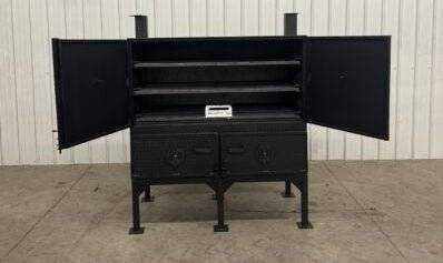 SNS Cabinet 60-inch charcoal concession smoke cabinet grill with open double doors and multiple shelves