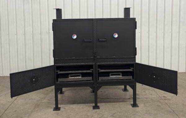 SNS Cabinet 60 inch charcoal concession smoke cabinet grill with open doors outdoors