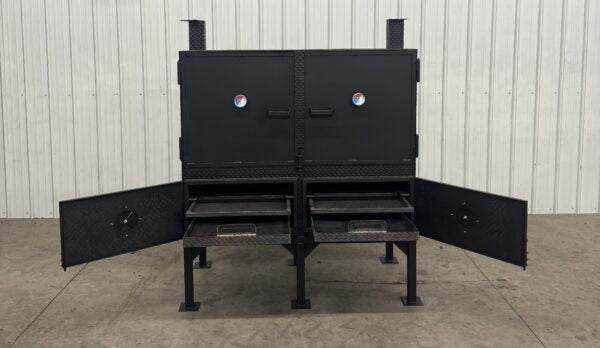 SNS Cabinet 60 inch concession charcoal grill with open doors and temperature gauges designed for concession trailers and patios