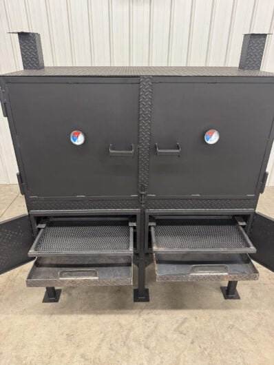 SNS Cabinet 60-inch charcoal grill designed for concession trailers and patios with dual doors and temperature gauges.