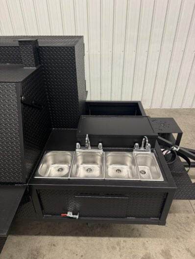 SNS Cabinet 60 Grill Smoker Combo with XL charcoal grill and 3-bay stainless steel sink package for catering