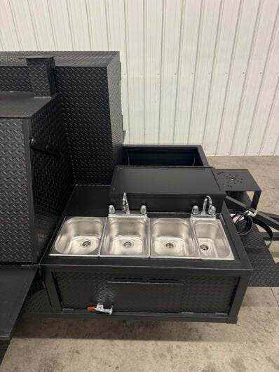 SNS Cabinet 60 grill smoker combo with XL charcoal grill and 3-bay sink package in black diamond tread steel