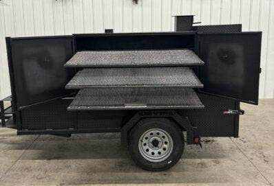 SNS Cabinet 60 grill smoker combo with XL charcoal grill and slide out cooking racks on trailer