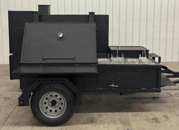 SNS Cabinet 60 grill smoker combo with XL charcoal grill and 3-bay sink package on a trailer