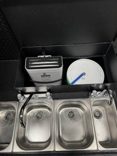Stainless steel three-bay sink package with hand wash station and water container in SNS Cabinet 60 Grill Smoker Combo
