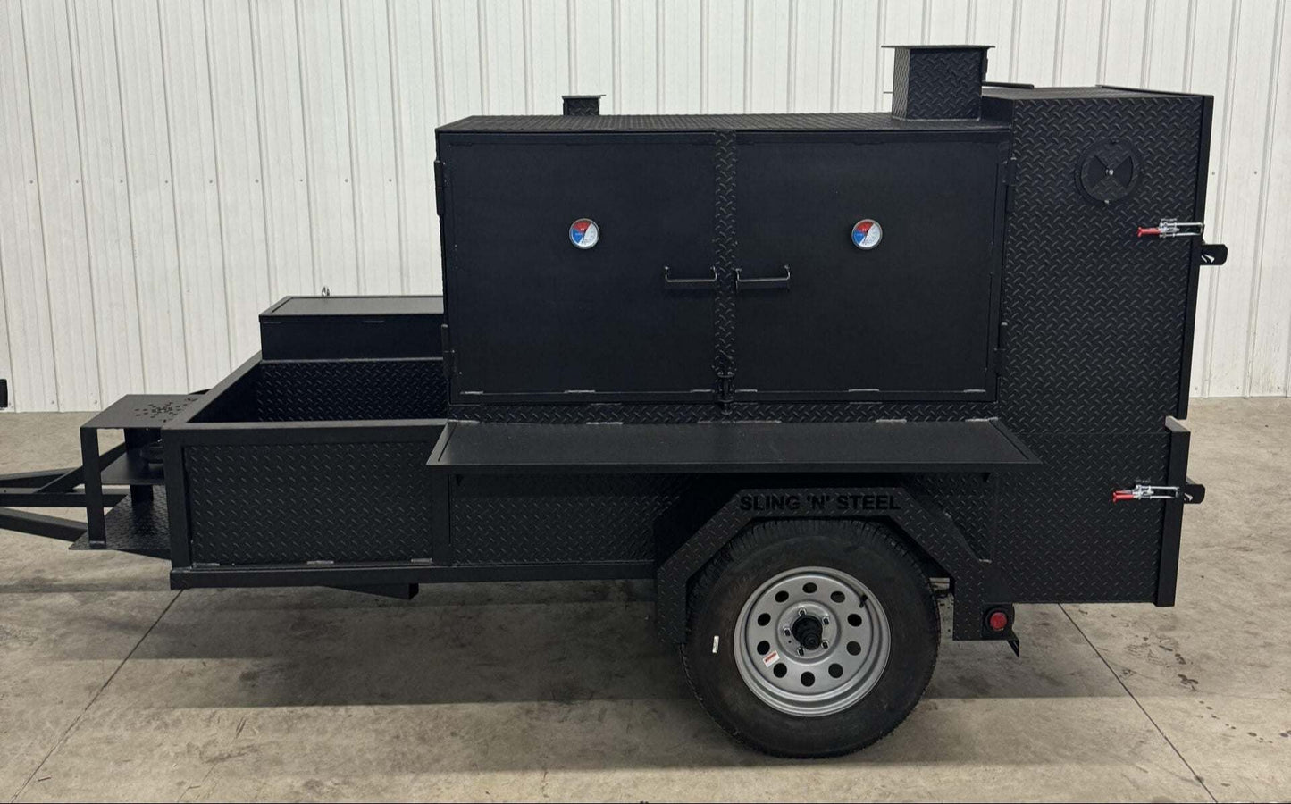 SNS Cabinet 60 Grill Smoker Combo with XL charcoal grill and three-bay sink package on trailer