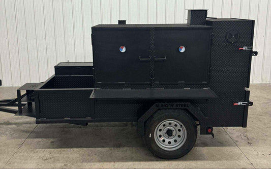SNS Cabinet 60 black steel grill smoker combo with XL charcoal grill and 3-bay sink package on trailer