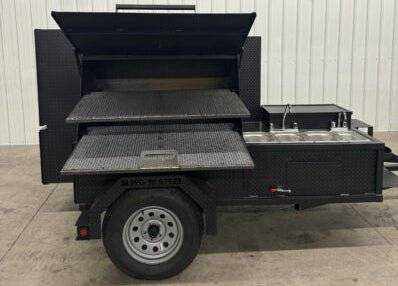 SNS Cabinet 60 grill smoker combo with XL charcoal grill and 3-bay sink package on trailer