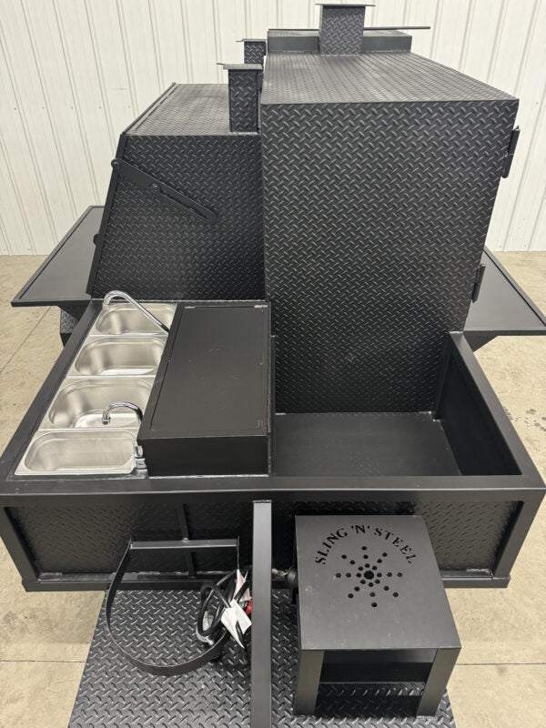 SNS Cabinet 60 grill smoker combo with XL charcoal grill and 3-bay sink package in black diamond tread steel for catering